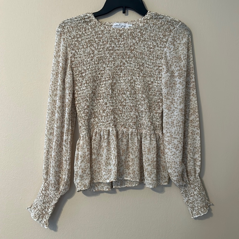 Petal & Pup Cream and Tan Smocked Peplum Blouse